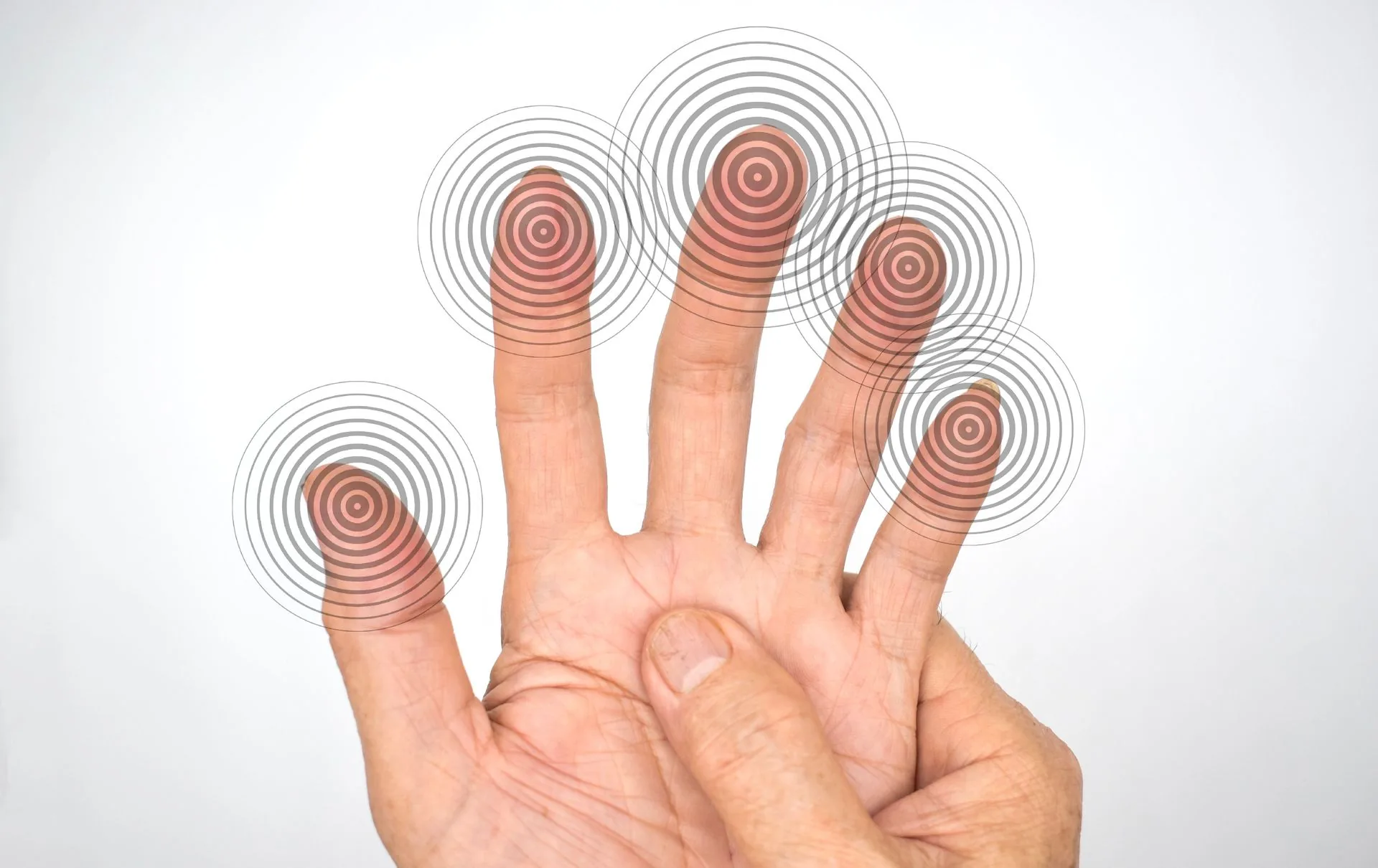 Close-up of an older adult's hand with red target circles on each fingertip, showing the tingling and numbness of chemotherapy-induced peripheral neuropathy