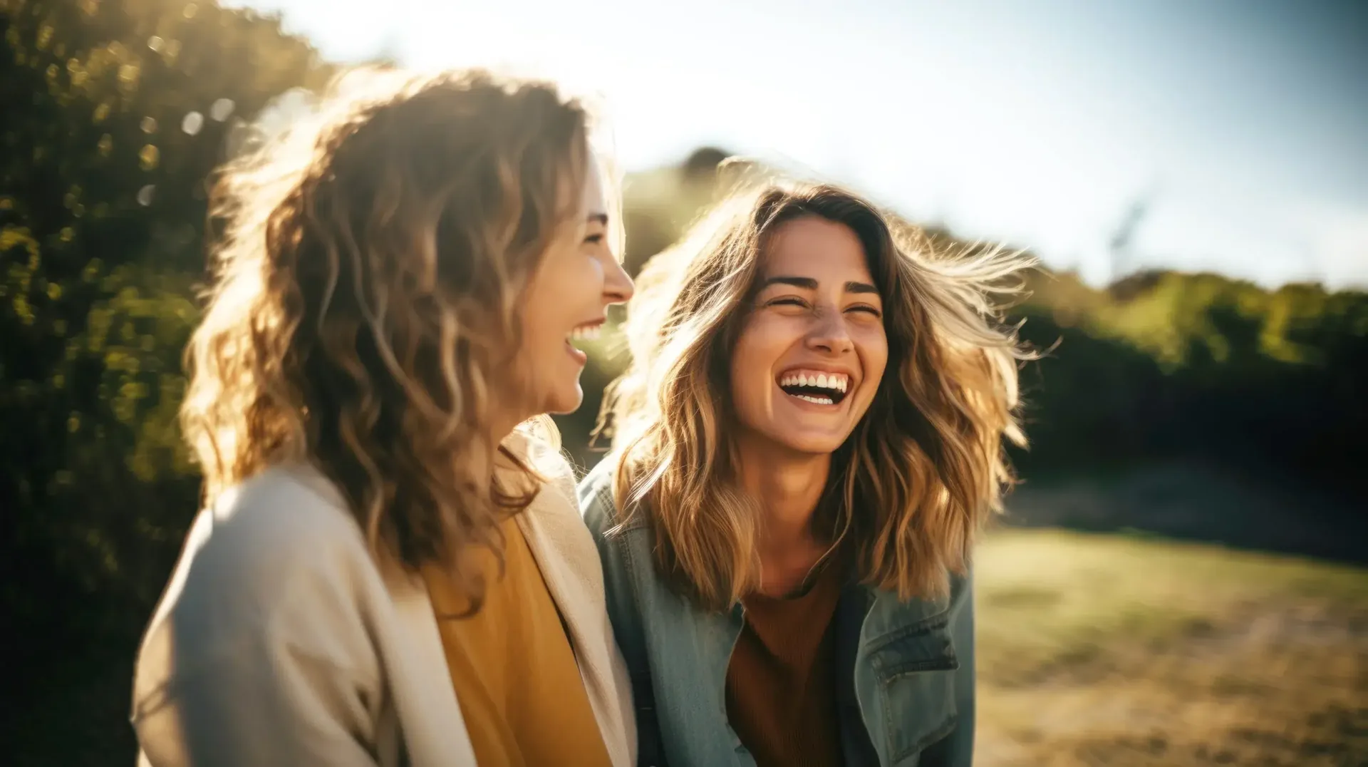 Two women laughing together outdoors in warm sunlight